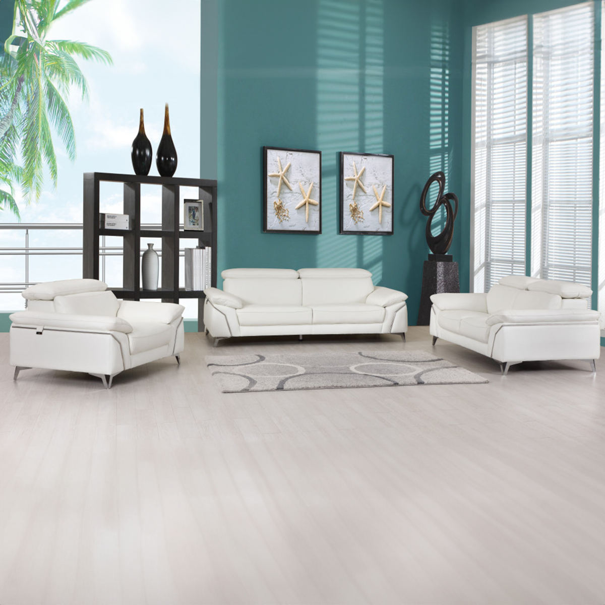 White Leather Italian Sofa Set Three Piece
