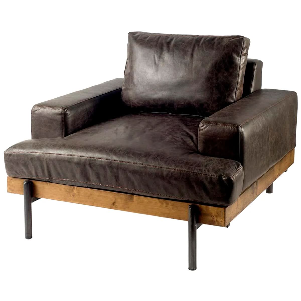 Sillón ancho con acento de cuero marrón oscuro
