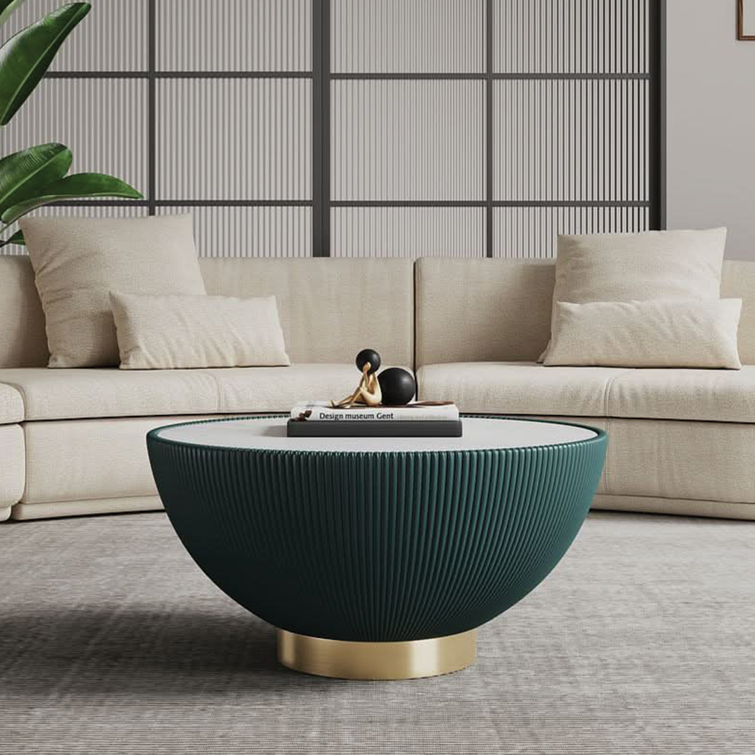 Mesa de centro moderna Anderson tapizada en cuero sintético con tablero de cerámica de imitación de mármol