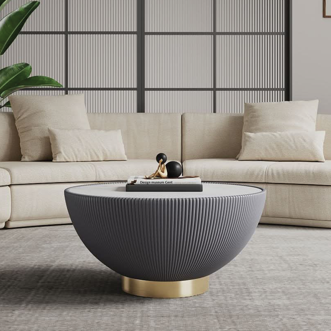 Mesa de centro moderna Anderson tapizada en cuero sintético con tablero de cerámica de imitación de mármol