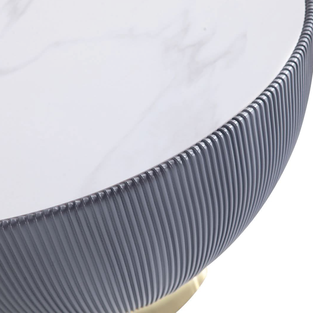 Mesa de centro moderna Anderson tapizada en cuero sintético con tablero de cerámica de imitación de mármol
