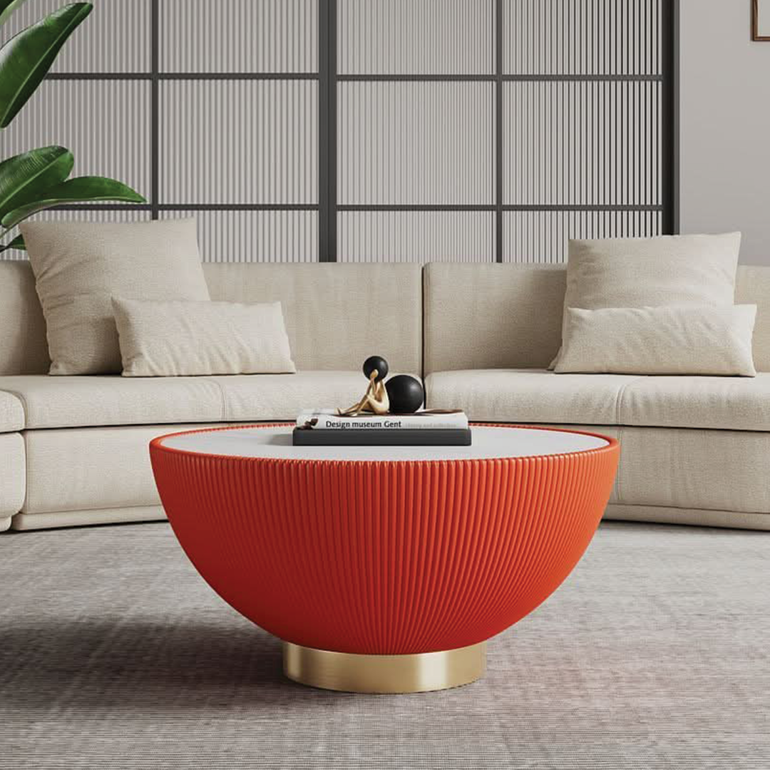 Mesa de centro moderna Anderson tapizada en cuero sintético con tablero de cerámica de imitación de mármol