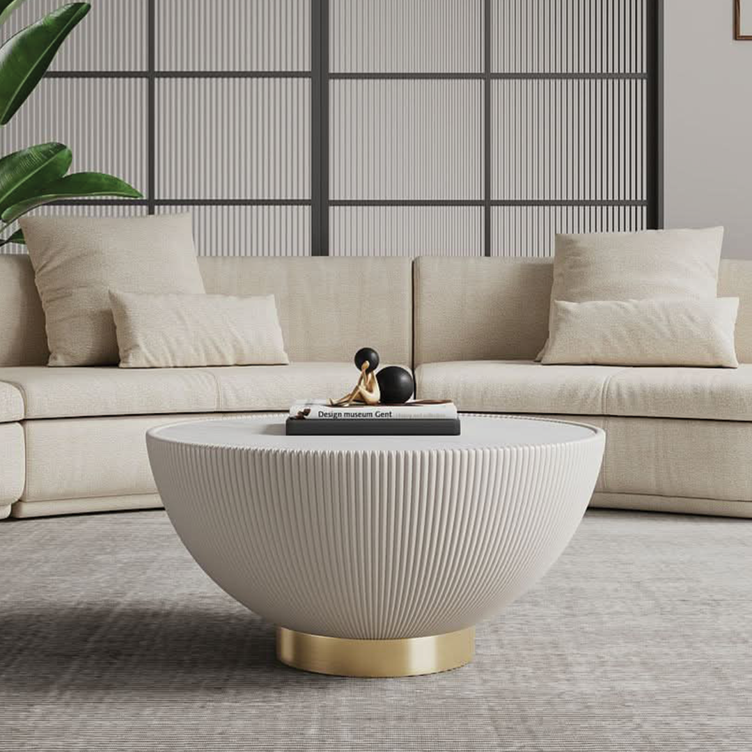Mesa de centro moderna Anderson tapizada en cuero sintético con tablero de cerámica de imitación de mármol