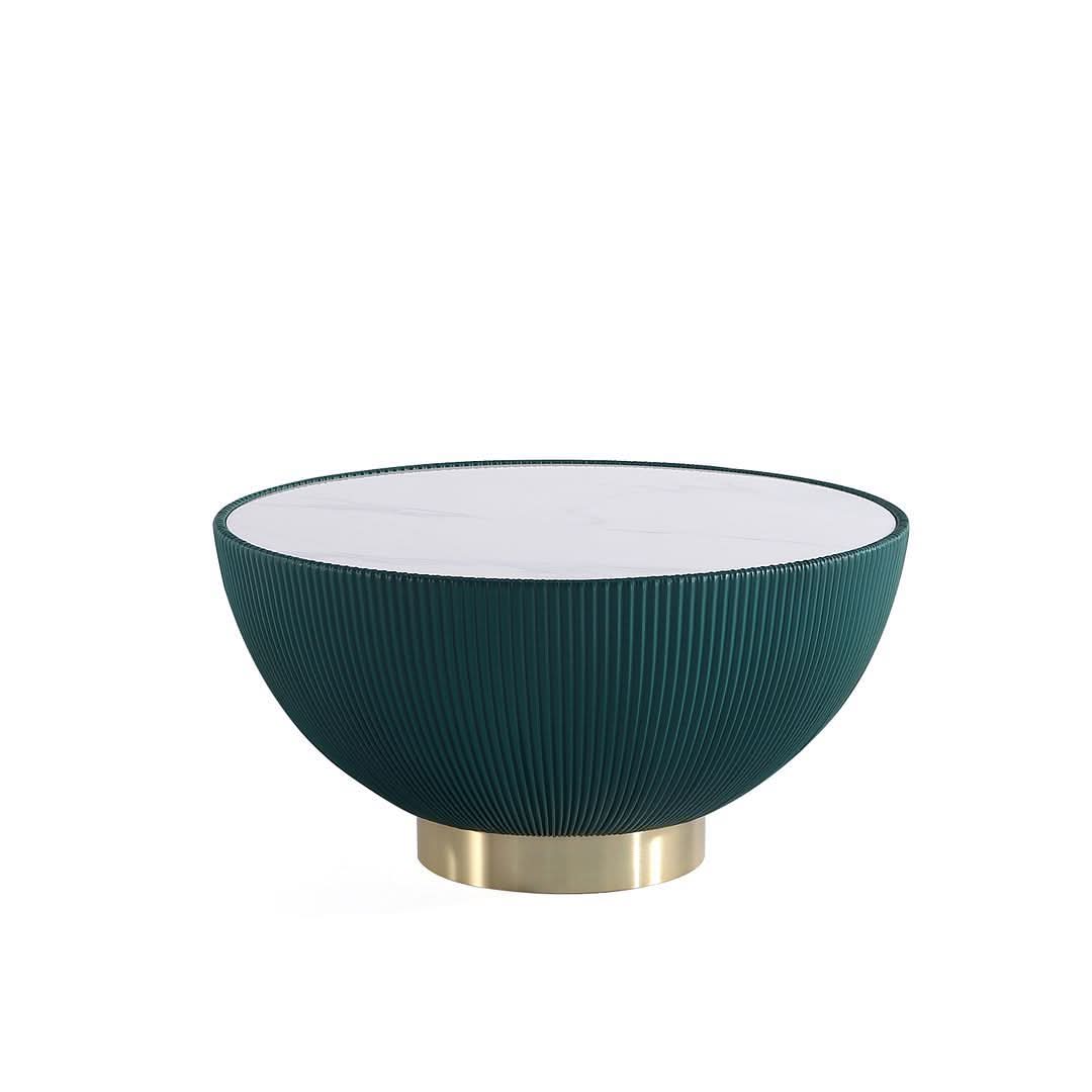 Mesa de centro moderna Anderson tapizada en cuero sintético con tablero de cerámica de imitación de mármol