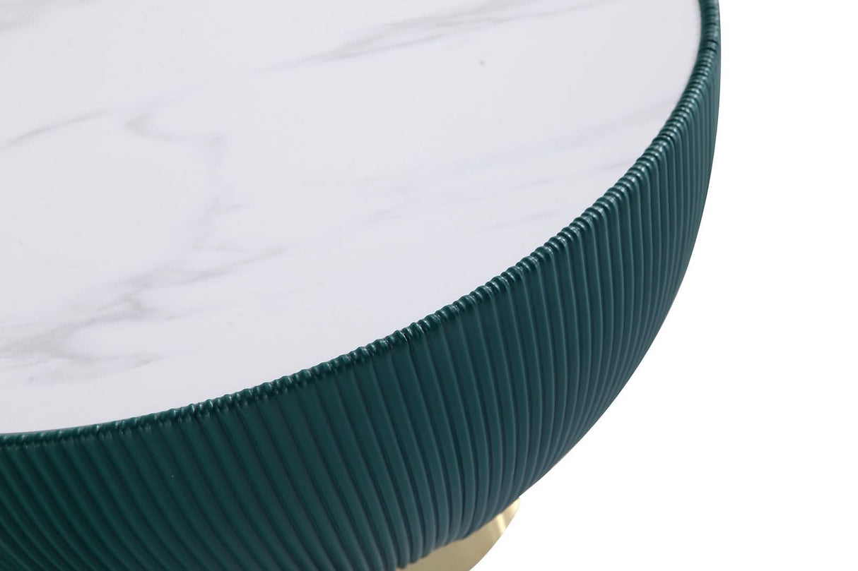 Mesa de centro moderna Anderson tapizada en cuero sintético con tablero de cerámica de imitación de mármol