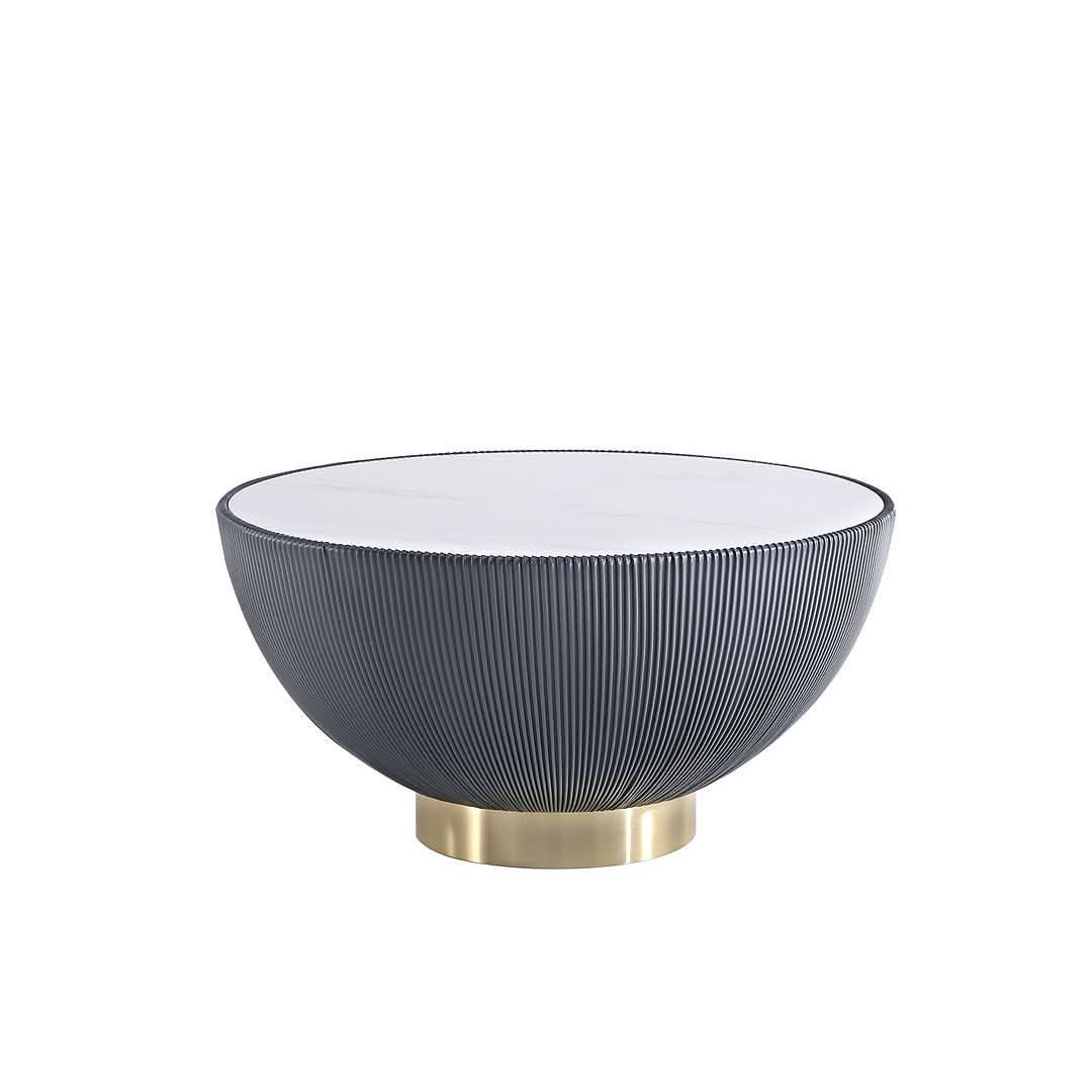 Mesa de centro moderna Anderson tapizada en cuero sintético con tablero de cerámica de imitación de mármol
