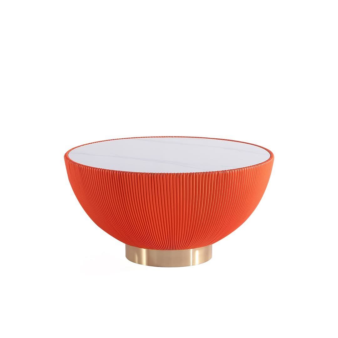 Mesa de centro moderna Anderson tapizada en cuero sintético con tablero de cerámica de imitación de mármol