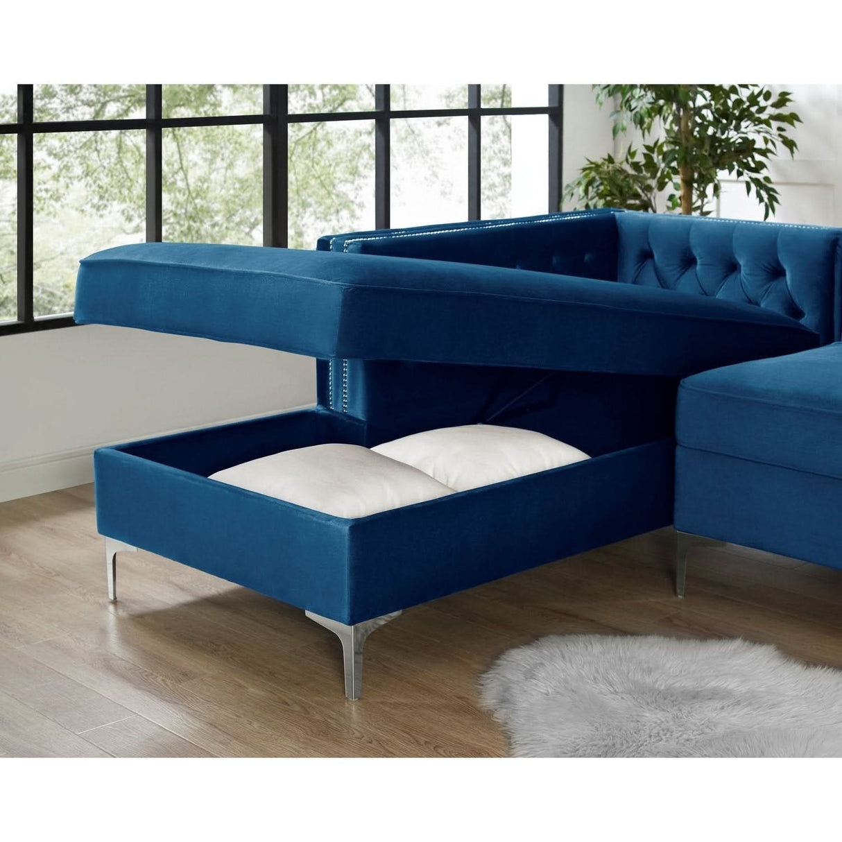 Sofá seccional de terciopelo con chaise longue y espacio de almacenaje Giovanni