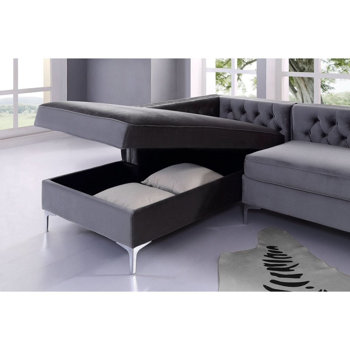 Sofá seccional de terciopelo con chaise longue y espacio de almacenaje Giovanni