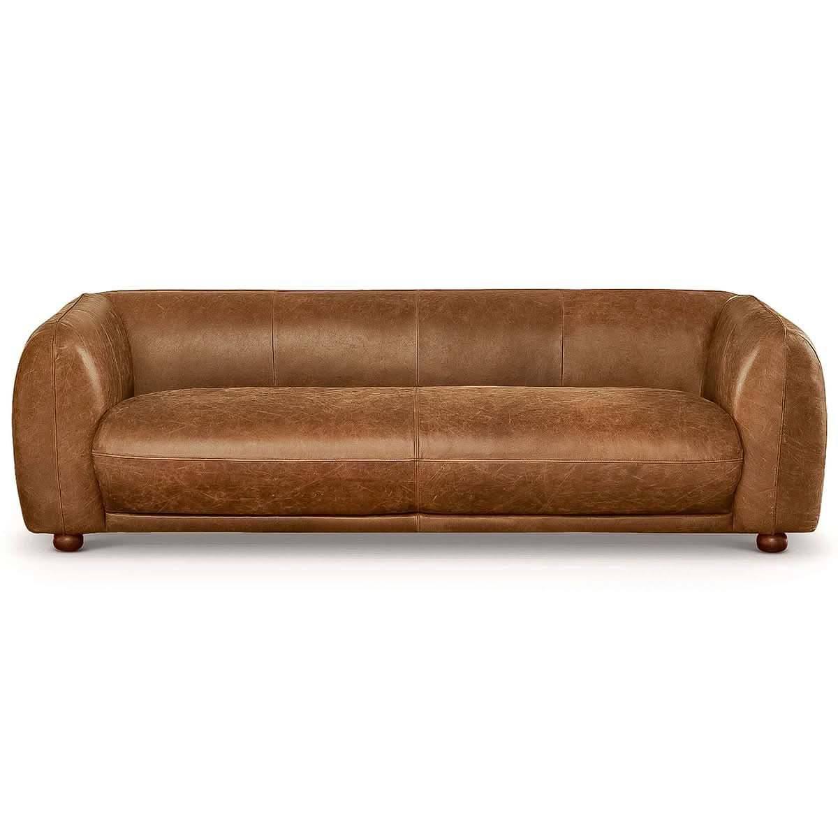 Front view of the Ashcroft Marlon Luxury Italian Leather Sofa in rich cognac leather, showcasing its elegant, curvy design